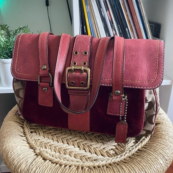COACH Vintage Y2K Special Edition Fall 2004 Burgundy Suede Monogram Shoulder Bag - Picture 1 of 16